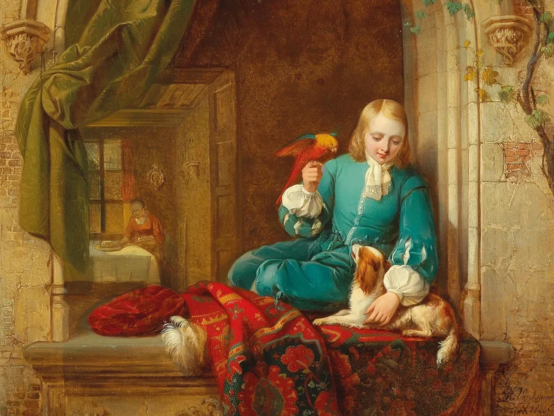 1808-Alexis Van Hamme - Un ragazzo alla finestra con un cucciolo e un pappagallo